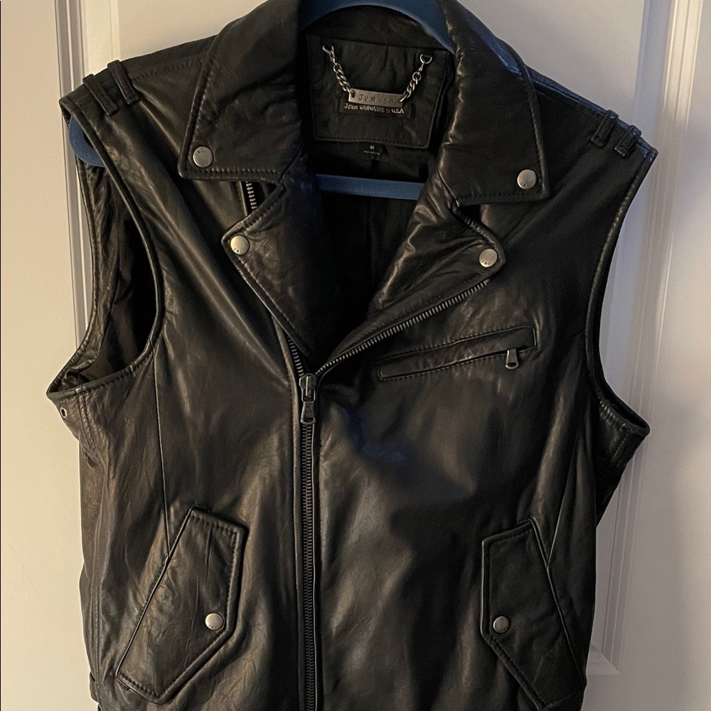 John Varvatos Dark Leather Vest with Silver Accents